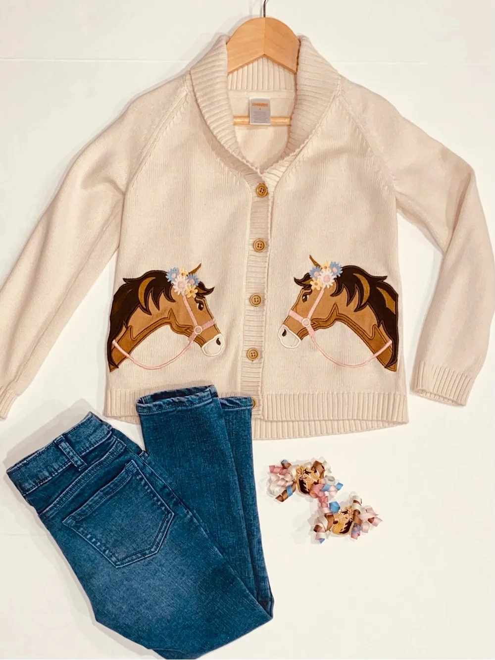Gymboree Girls ‘Country Charm’ Off-White Horse Cardigan and Hair Clips Size 6
